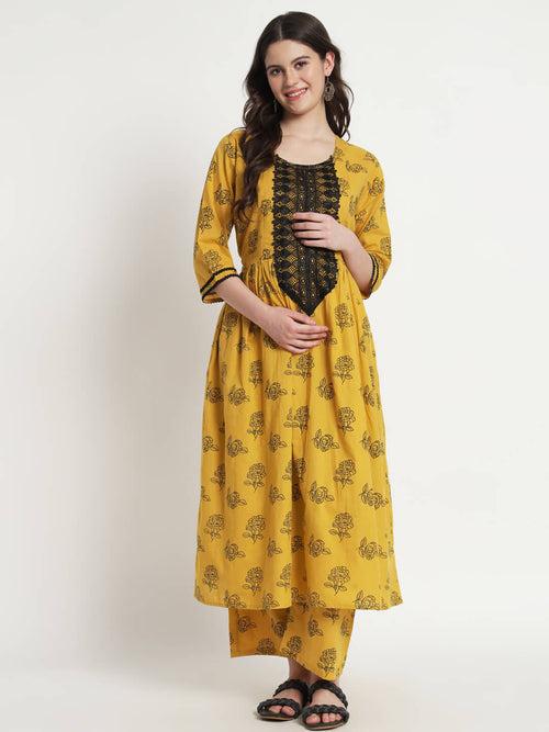 Mustard Black Cotton Printed Maternity Feeding Kurta Set