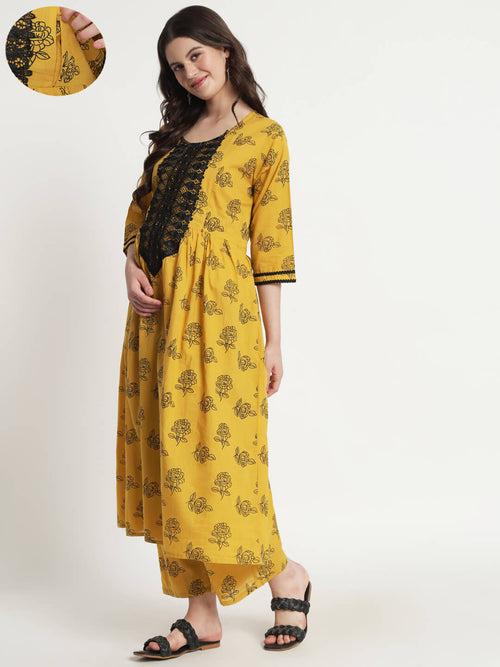 Mustard Black Cotton Printed Maternity Feeding Kurta Set