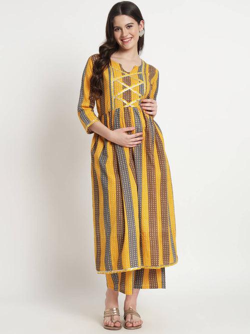 Mustard Multi Cotton Printed Maternity Feeding Kurta Set