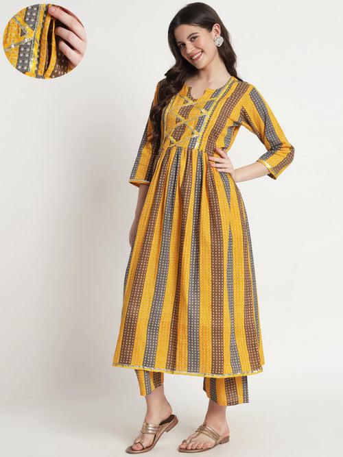 Mustard Multi Cotton Printed Maternity Feeding Kurta Set