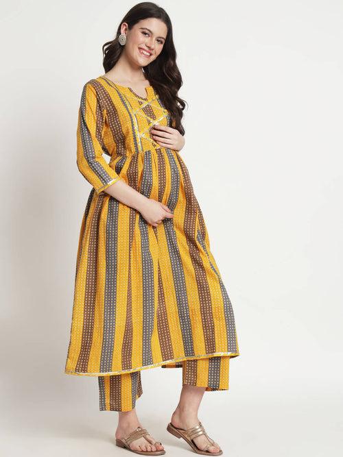 Mustard Multi Cotton Printed Maternity Feeding Kurta Set