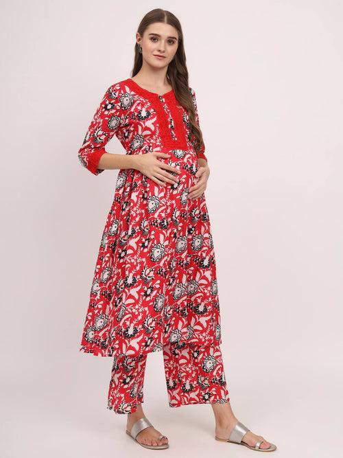 Red Cotton Printed Maternity Feeding Kurta Set