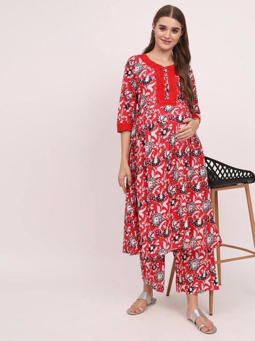 Red Cotton Printed Maternity Feeding Kurta Set