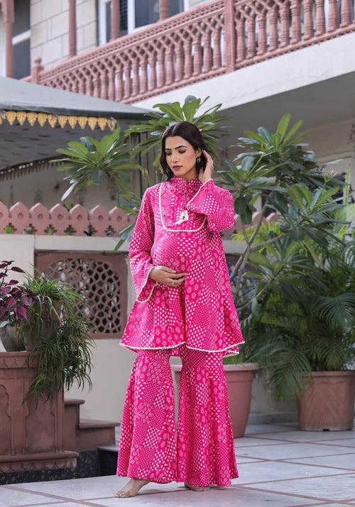 Fuchsia Cotton Printed Maternity Feeding Kurta Sharara Set