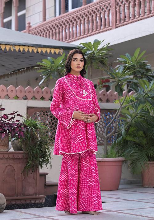 Fuchsia Cotton Printed Maternity Feeding Kurta Sharara Set