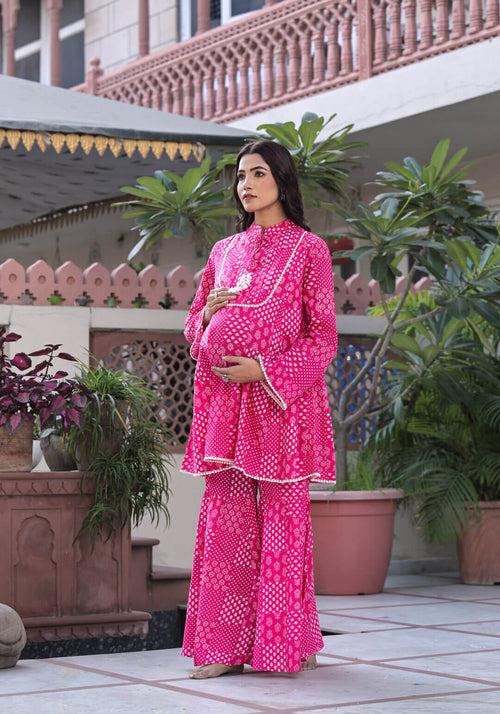 Fuchsia Cotton Printed Maternity Feeding Kurta Sharara Set