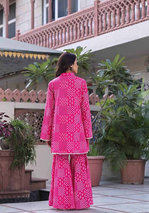 Fuchsia Cotton Printed Maternity Feeding Kurta Sharara Set