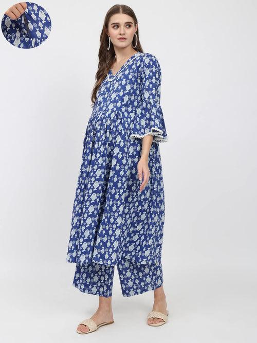 Royal Blue Cotton Printed Maternity Feeding Kurta Set