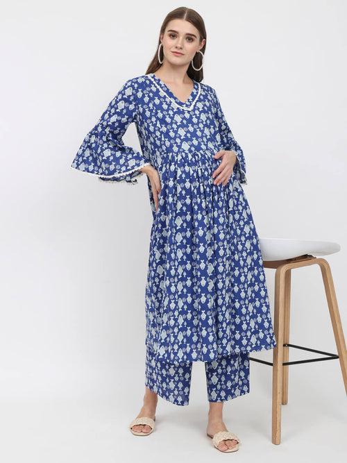 Royal Blue Cotton Printed Maternity Feeding Kurta Set