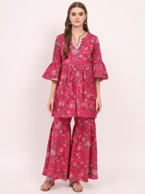 Magenta Cotton Printed Maternity Feeding Kurta Sharara Set