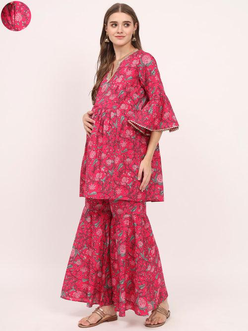 Magenta Cotton Printed Maternity Feeding Kurta Sharara Set