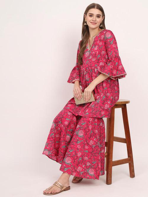 Magenta Cotton Printed Maternity Feeding Kurta Sharara Set