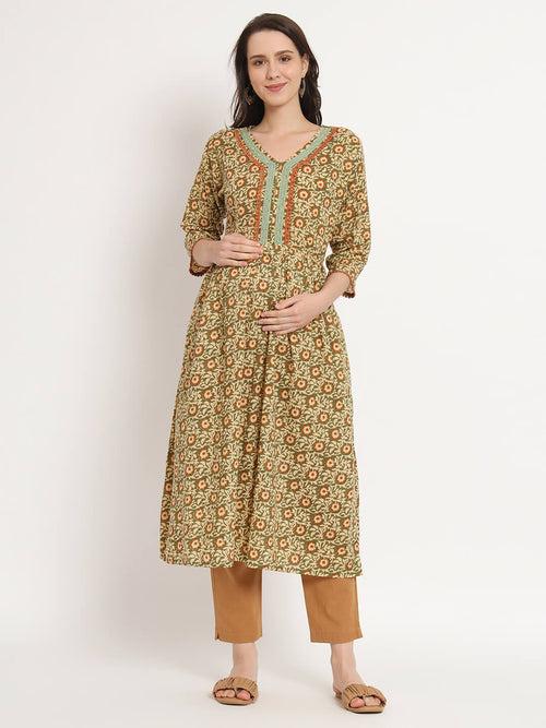 Olive Green Multi Cotton Printed Maternity Feeding Kurta