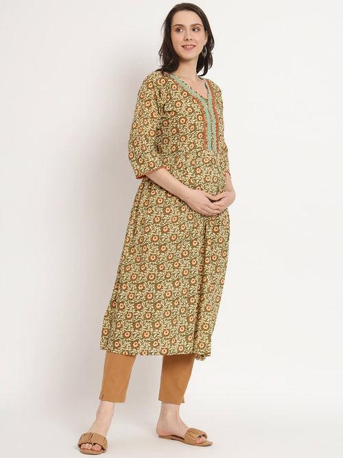 Olive Green Multi Cotton Printed Maternity Feeding Kurta