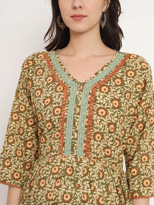 Olive Green Multi Cotton Printed Maternity Feeding Kurta