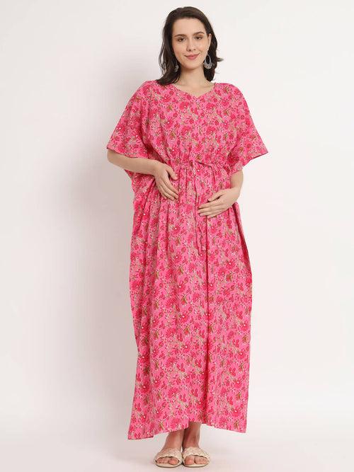 Fuchsia Printed Front Zipper Maternity Feeding Kaftan