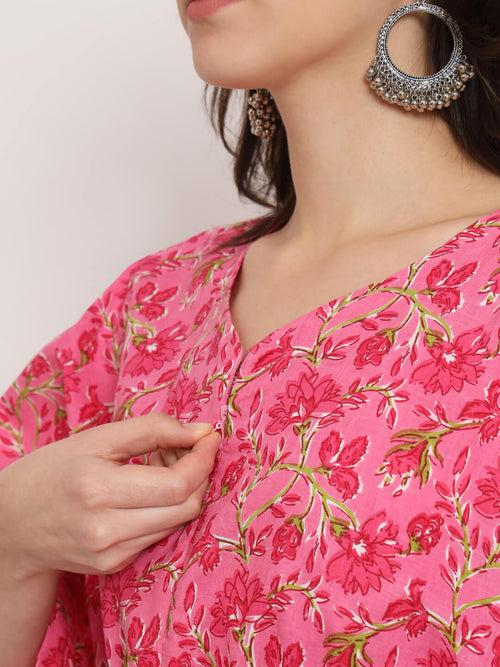 Fuchsia Printed Front Zipper Maternity Feeding Kaftan