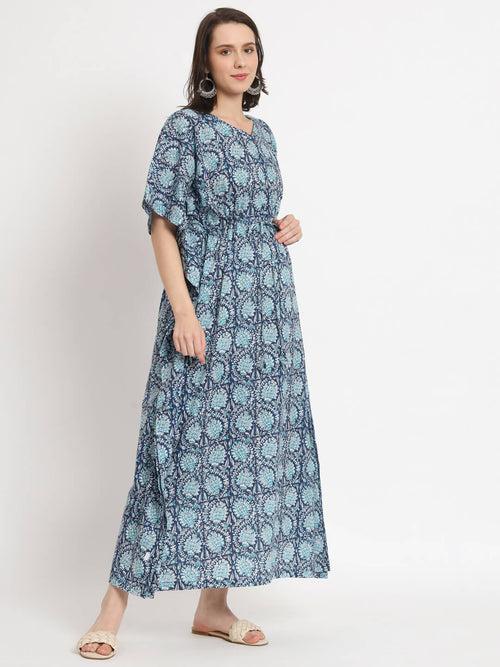 Indigo Printed Front Zipper Maternity Feeding Kaftan