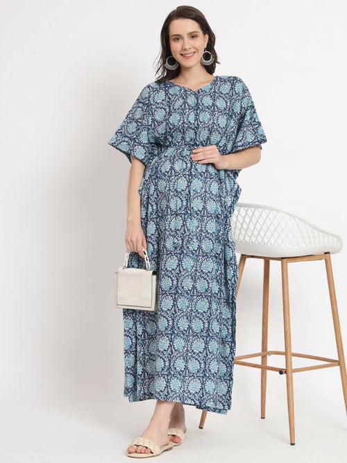 Indigo Printed Front Zipper Maternity Feeding Kaftan