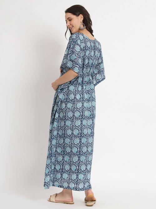 Indigo Printed Front Zipper Maternity Feeding Kaftan