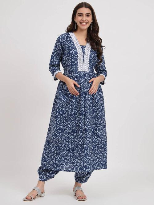 Indigo White Cotton Printed Maternity Feeding Kurta Set