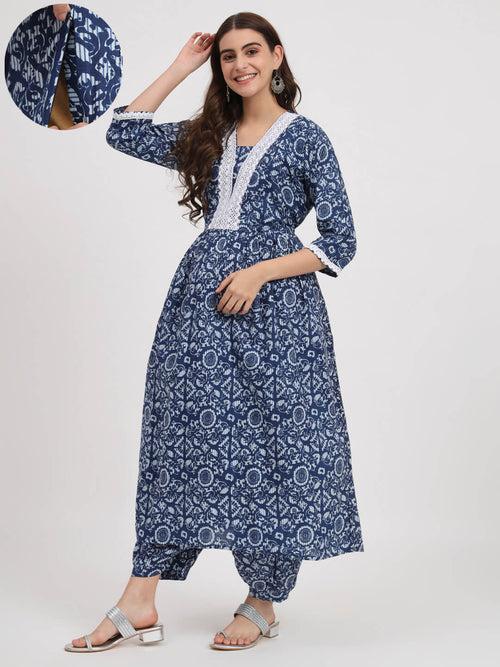 Indigo White Cotton Printed Maternity Feeding Kurta Set