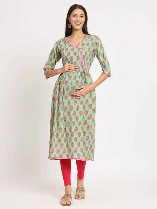 Mint Green Cotton Printed Maternity Feeding Kurta