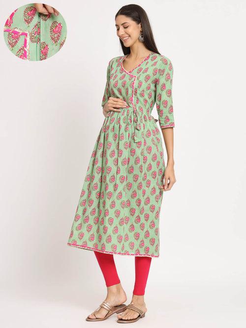 Mint Green Cotton Printed Maternity Feeding Kurta