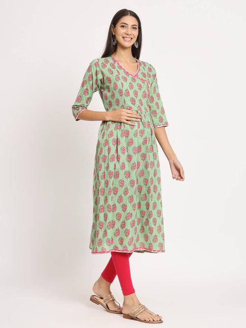 Mint Green Cotton Printed Maternity Feeding Kurta