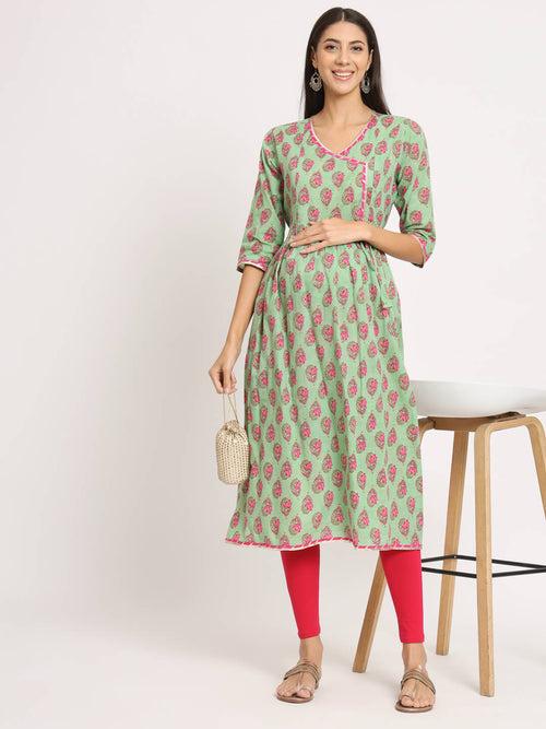 Mint Green Cotton Printed Maternity Feeding Kurta