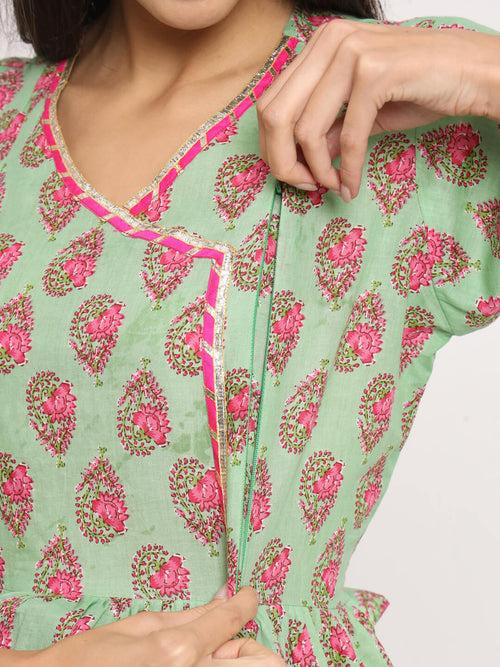 Mint Green Cotton Printed Maternity Feeding Kurta