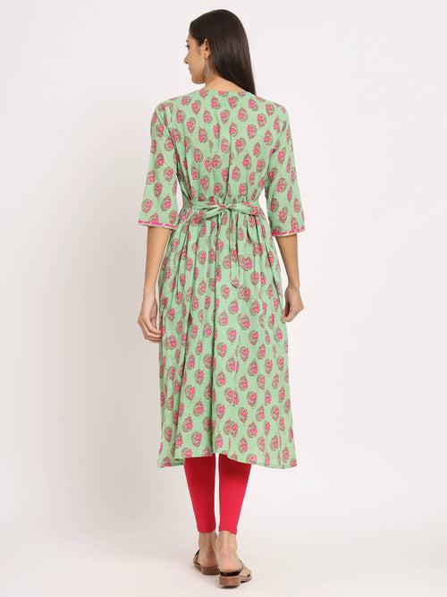 Mint Green Cotton Printed Maternity Feeding Kurta