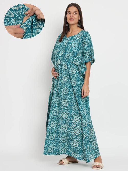 Teal Blue Printed Front Zipper Maternity Feeding Kaftan