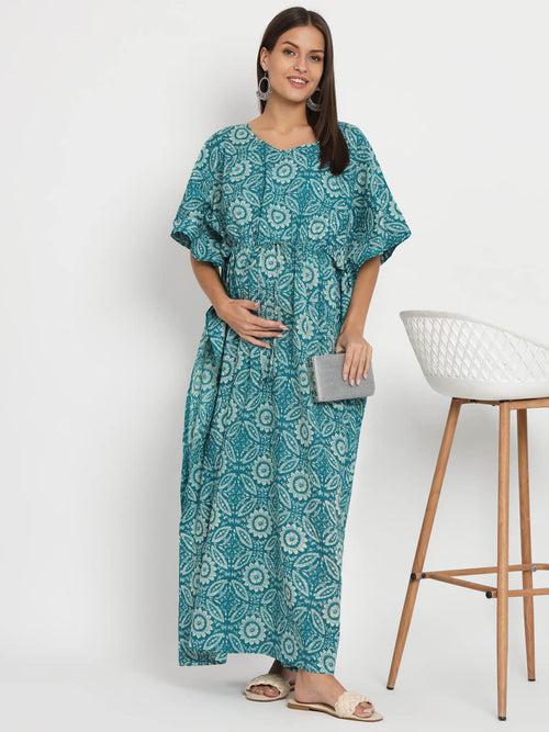 Teal Blue Printed Front Zipper Maternity Feeding Kaftan