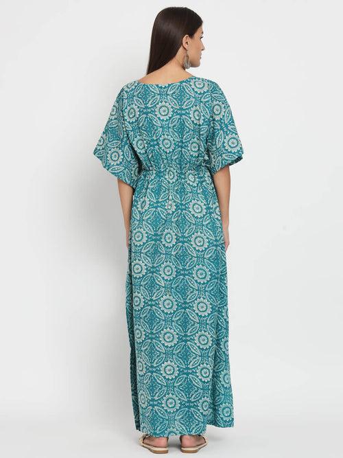 Teal Blue Printed Front Zipper Maternity Feeding Kaftan