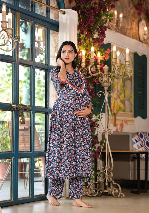 Indigo Multi Cotton Printed Maternity Feeding Kurta Set