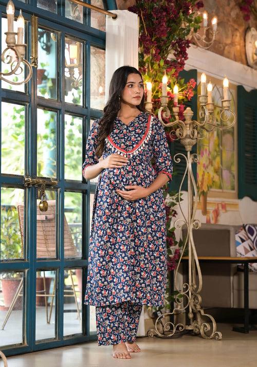 Indigo Multi Cotton Printed Maternity Feeding Kurta Set