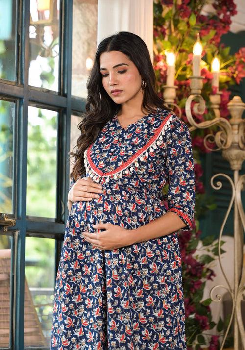 Indigo Multi Cotton Printed Maternity Feeding Kurta Set