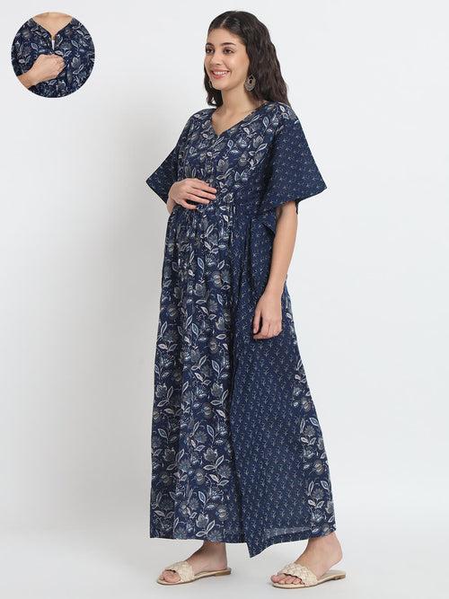 Indigo Printed Front Zipper Maternity Feeding Kaftan