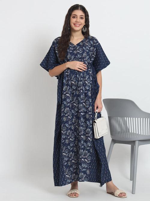 Indigo Printed Front Zipper Maternity Feeding Kaftan