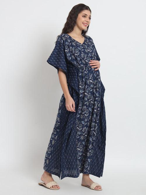 Indigo Printed Front Zipper Maternity Feeding Kaftan