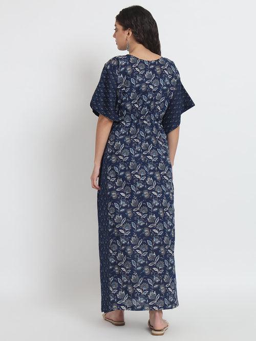 Indigo Printed Front Zipper Maternity Feeding Kaftan