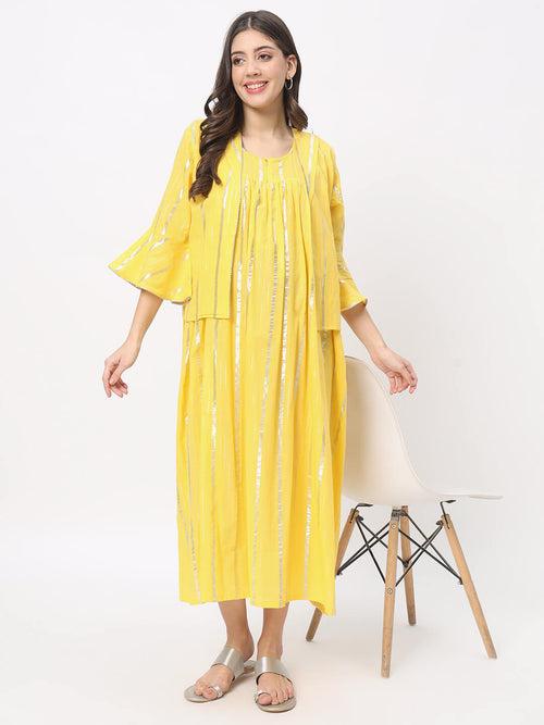 Yellow Cotton Maternity Feeding Flared Jacket Dress