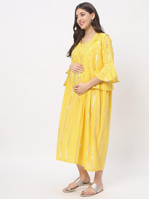 Yellow Cotton Maternity Feeding Flared Jacket Dress