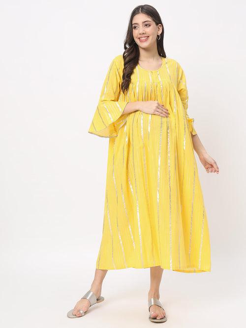 Yellow Cotton Maternity Feeding Flared Jacket Dress