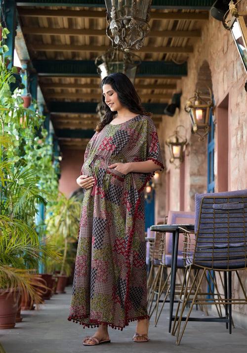 Black Maroon Printed Front Zipper Maternity Feeding Kaftan