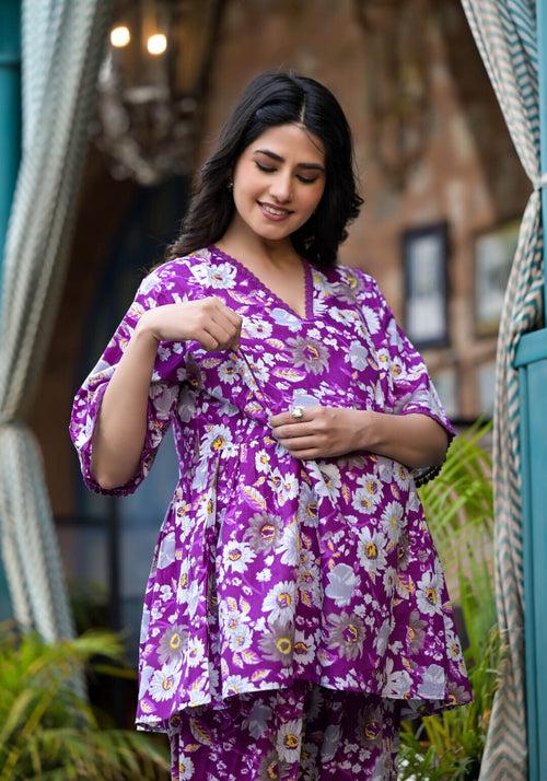 Purple Printed Maternity Feeding Night Suit