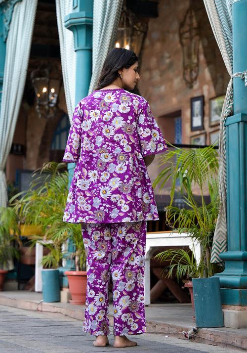 Purple Printed Maternity Feeding Night Suit