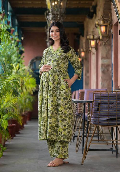 Olive Green Cotton Printed Maternity Feeding Kurta Set