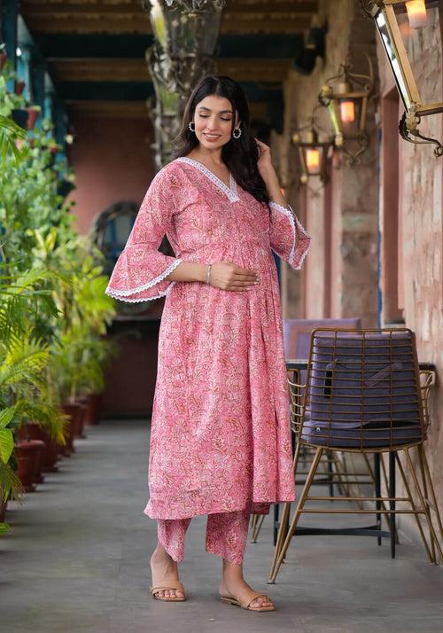 Peach Cotton Printed Maternity Feeding Kurta Set